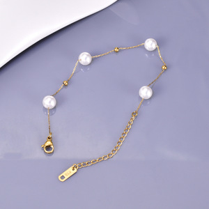 Verano playa 2025 moda mujer chica <span class=keywords><strong>pie</strong></span> cadena 18K chapado en oro joyería Acero inoxidable imitación perla tobilleras - Product Image 2