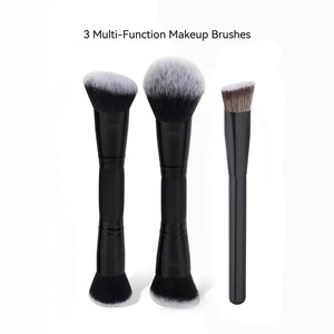 ชุดแปรงแต่งหน้าคาบูกิ 3 ชิ้น ด้ามไม้สีดำ ปลายสองด้าน ขนแปรงใยสังเคราะห์ สำหรับรองพื้น แป้งฝุ่น และเครื่องสำอาง - Product Image 3