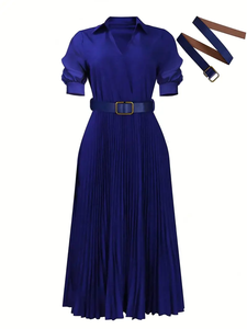 فساتين الصيف عارضة للنساء أنيقة فتحة رقبة V مطوي فساتين طويلة مكتب سيدة اللباس الرسمي مع حزام - Product Image 5