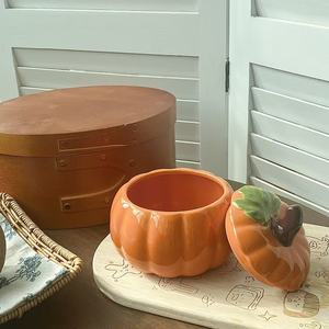 <b>Ceramic</b> pumpkin bowl with lid, rustic style, creative hand-painted seasoning jar, condiment jar, steamed <b>egg</b> bowl, candle jar, - Product Image 1