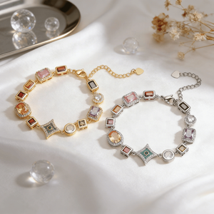 Conjuntos <span class=keywords><strong>de</strong></span> Joyería <span class=keywords><strong>de</strong></span> Moda con Circonitas Multicolor - Collar y Pulsera Geométricos Irregulares Chapados en Oro <span class=keywords><strong>de</strong></span> 18K, Lujosos <span class=keywords><strong>para</strong></span> Bodas, Compromisos y Fiestas - Product Image 1