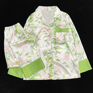 Fashion Hot Light Luxury <strong>Green</strong> Leaves Floral Ice <strong>Silk</strong> Feel Women's Loungewear Spring Lapel Cardigan Long-sleeved Trousers Suit - Product Image 6