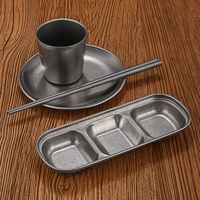 Ensemble de vaisselle vintage de luxe léger en acier inoxydable, assiettes et bols rétro pour restaurant BBQ, plat à sauce commercial, assiette, tasse à eau