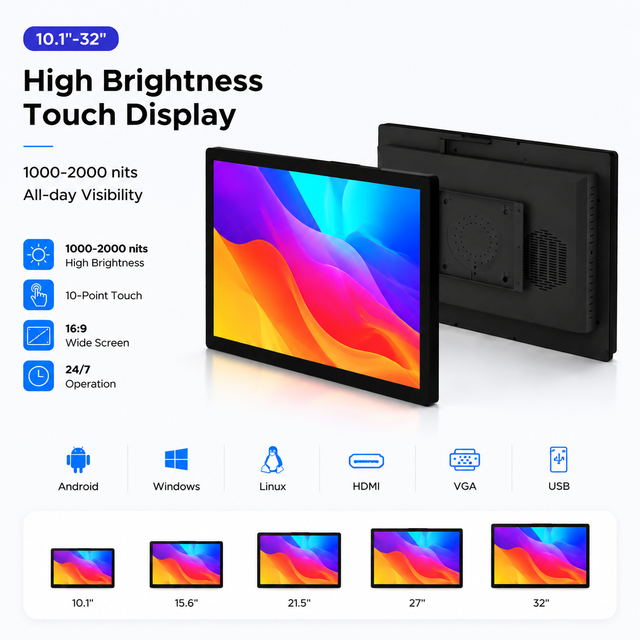 New 21.5 Inch VGA DVI Waterproof Industrial LCD Display 1000 Nits LED Backlit Wide Color Gamut Capacitive Touch Speaker