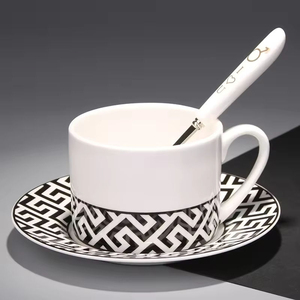 Nordic Creative Geometric Pattern Ceramic Coffee <b>Cup</b> Saucer Set Spoon Black White Sustainable Family Restaurant Hotel Use - Product Image 6