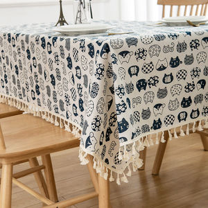 Cotton Linen <b>Tablecloth</b> Printed <b>Square</b> Washable Home Decor Nordic Style Cat Pattern Tassel Edge Dining Table Cover - Product Image 1