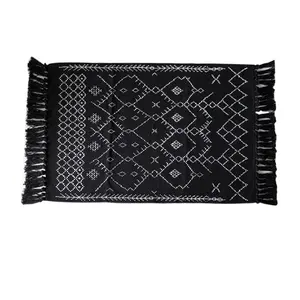 Bathroom Hand-Woven Cotton Rug Black and White Washable Rug with Tassel for The Door of Kitchen, Laundry and Bedroom