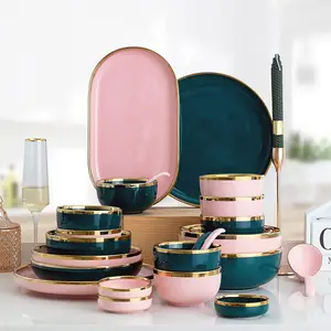 Luxury Green Pink Black Salad Bowl and Soup Plate Dishes Bowls Ceramic Dinnerware Set Porcelain Dinner Set for Restaurant Hotel
