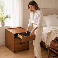 Table de chevet moderne en bois avec compartiment caché, couvercle coulissant, trois tiroirs, design luxueux, bois naturel écologique, meubles de chambre à coucher