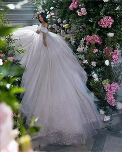 Gaun pengantin putri berkilau sederhana gaun pengantin gaun pengantin berpayet bahu terbuka gaun pengantin kereta panjang