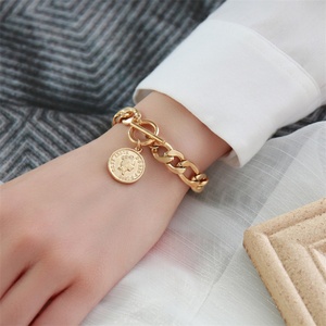 18k Gold Pated Stainless Steel Round Charm Custom Engraved logo OT Clasp Figaro Chain Bracelet <b>for</b> <b>Men</b> - Product Image 2