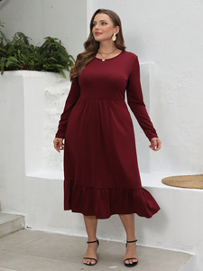 Ropa de talla grande para mujer Vestido informal con dobladillo con volantes de manga larga Vestido largo suelto de color sólido de talla grande elegante - Product Image 6