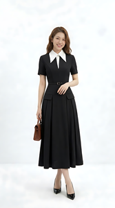 Vestido midi negro formal para mujer, listo para enviar, con cuello blanco, falda plisada y cinturón para el trabajo, al mejor precio, directo de fábrica. - Product Image 3