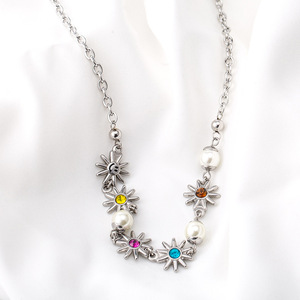 Trendy <b>Titanium</b> Steel Daisy Flower Choker Necklace With Colored Stones Party Jewelry - Product Image 1