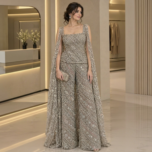 Vestido de Noche Formal Largo hasta el Suelo con Lentejuelas Bordadas y Encaje, Recubierto de PA, para Mujer, con Hombro Descubierto y Cuello Cuadrado, con Capa - Product Image 1
