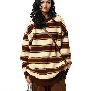 Pull en tricot rayé marron crème surdimensionné pour femme, manches longues, col rond, coupe ample, style streetwear décontracté pour l'automne et l'hiver - Product Image 1