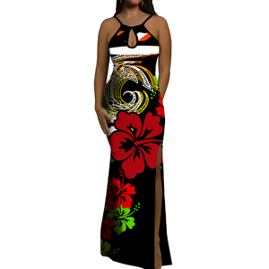 Abito a fessura viola personalizzato di alta qualità con motivo a goccia tribale polinesiano abito senza maniche elegante da donna abito da ballo - Product Image 3