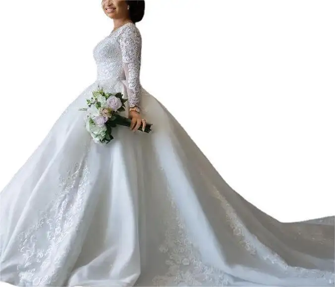 New elegant women wedding dress pure white lace bridal wedding gown with tail