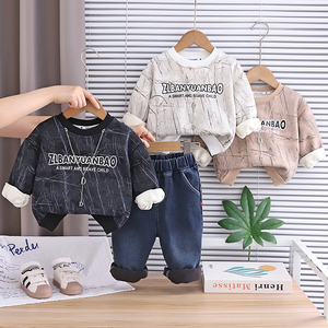 Ropa de calle informal para niños de invierno 2025, Sudadera con capucha y letras relámpago, collar desmontable, conjunto de pantalones vaqueros con parche, tela tejida de 1-5 años, dibujos animados - Product Image 2