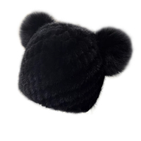 Damen Wollmischung Handbestickte Gestrickte Mütze mit Nerz- & Fuchsfell-Bommel für Reisen und als Geschenk