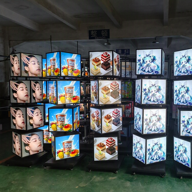 Floor Stand Vertical Design Square Rotary Cube Advertising Display Signboard LED Rotating Light Box for Exhibitions