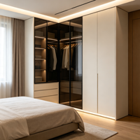Lemari Pakaian Modern Bentuk L Tahan Lama dengan Pintu Kaca, Lampu LED Terintegrasi, Ramah Lingkungan untuk Perabot Kamar Tidur
