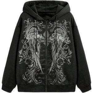 Sweat-shirt à capuche gothique pour femmes, avec fermeture éclair, strass, cordon de serrage, style Y2k - Product Image 1