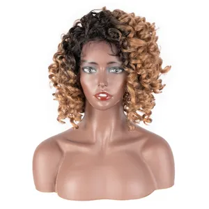 高贵制造价格短寸花边前卷曲卷曲假发为黑人妇女蕾哈娜 (Rihanna) wigf混色合成头发假发