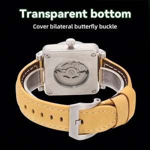 Montre mécanique automatique de luxe de haute qualité avec boîtier carré transparent, bracelet en cuir véritable double couche - Product Image 3