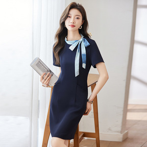 Professional Sheath Dress Dark Blue Tie Neck Solid Color Polyester Career Wear for Receptionists Customer Service Staff - Product Image 3