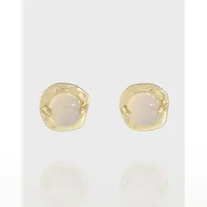 Factory Direct Women Round Agate Gemstone Geometric Irregularity Pleated Texture Fine Jewelry S925 Sterling Silver Stud Earrings