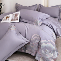 Parure de lit 100% pur coton violet clair draps brodés et housse de couette