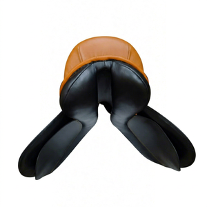 Selle d'équitation Sufi International en cuir véritable pour dressage anglais, noire, marron, avec surpiqûres dorées - Product Image 3