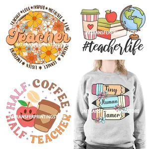 Teacher Love Inspire Motivate Lead Life Printing Decals Half Teacher Half Coffee Grow Know DTF Transfer Stickers For Clothes