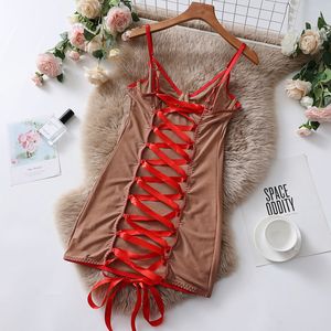 Conjunto de lencería de malla transparente con encaje, mono con lazo rojo, ropa de dormir sin espalda para mujer, vestido de noche seductor - Product Image 4