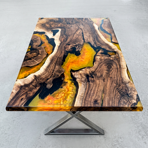 Table à manger en bois de noyer et résine époxy - Design moderne, construction en bois massif durable, fabriquée à la main pour hôtels et entrées - Product Image 1
