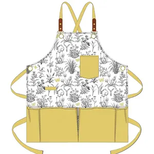 升华皮革肩带，带5口袋围裙女性定制标志形象烘焙厨房厨师围裙花店花园