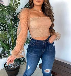 Camicetta <span class=keywords><strong>gialla</strong></span> con maniche a svasato con volant elegante camicia stile Chiffon da <span class=keywords><strong>donna</strong></span> t-Shirt Top alla moda - Product Image 6