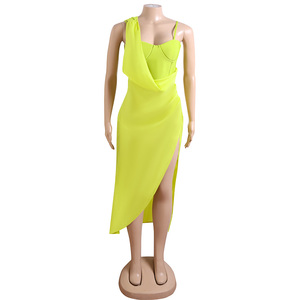 Zhuofei alta spacco Midi giallo limone Cocktail di alta qualità <span class=keywords><strong>vestito</strong></span> da donna festa elegante fasciatura abito - Product Image 5