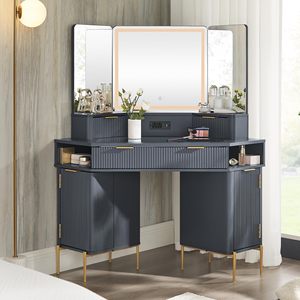 AJUNION 48 "moderno acanalado de madera maquillaje vanidad vidrio superior tocador 3 paneles espejos esquina maquillaje tocador <span class=keywords><strong>con</strong></span> 3 <span class=keywords><strong>luces</strong></span> Led - Product Image 1