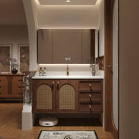 Meuble-lavabo mural flottant de luxe moderne de 60 pouces en contreplaqué avec miroir intelligent anti-buée et plan de travail