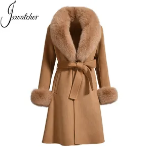 Шерстяное пальто с манжетой из натурального Лисьего меха для женщин, розовое кашемировое пальто, на заказ, зима и весна