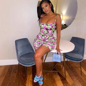 Nouveau été élégant femmes robe paquet hanche Sexy licou géométrique imprimé côté rétrécissement robes pour femmes dames tenue - Product Image 2
