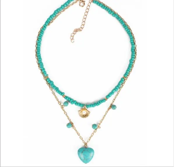 Collier pendentif coeur turquoise bohème deux couches perles de rocaille chaînes ras du cou collier en pierre naturelle pour les femmes