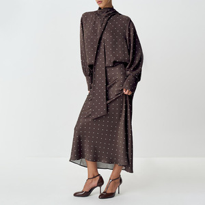 Women's Long Polka Dot <b>Skirt</b> High Neck Wrap Design Evening Dress Natural <b>Waist</b> Micro <b>Elasticity</b> FDL1684 - Product Image 2