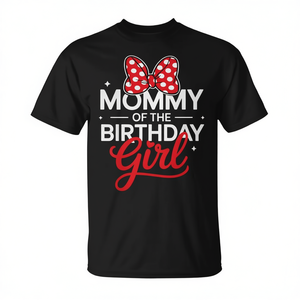 Camiseta Mommy Of The Birthday Girl, camiseta negra con diseño de lazo rojo, cuello redondo, manga corta, camisa de fiesta para mujer adulta - Product Image 2