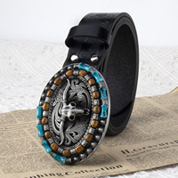 Cinturón de Cuero Repujado Estilo Vaquero Occidental para Hombre, Hebilla de Aleación con Cabeza de Toro, Cinturón de Jeans con Cuentas Turquesa, de Gran Venta