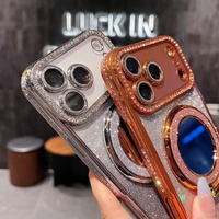 Étui de téléphone magnétique de luxe avec support miroir transparent électroplaqué et paillettes pour iPhone 17Air 16E 15 14 13 Pro Max, coque diamant