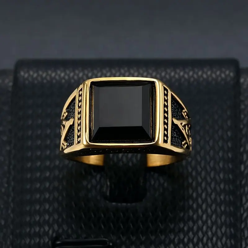 Новое мужское Золотое кольцо с черным камнем, винтажное бронзовое мужское кольцо, титановое серебро 316l, кольца из нержавеющей стали, ювелирные изделия для мужчин