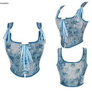 Noeud papillon bandoulière <span class=keywords><strong>femmes</strong></span> Bustier peinture à l'huile <span class=keywords><strong>Mona</strong></span> gilet sans manches débardeur bleu kaki marron Corset haut rétro Bodyshaper - Product Image 4